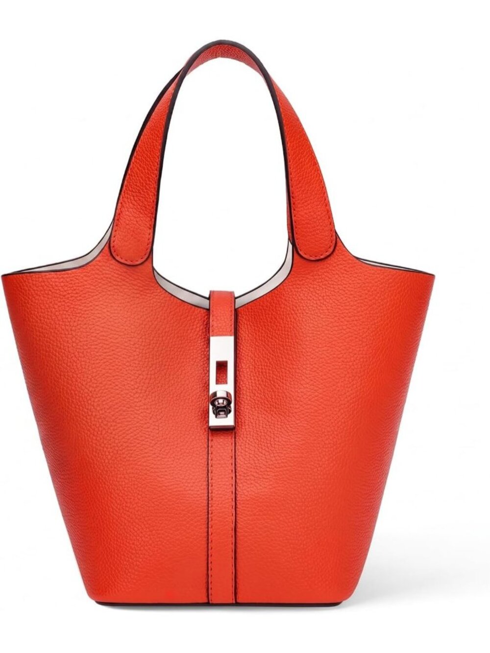 Women's Red Orange Vegan Leather Satchel Tote Handle Lock Design Bucket Purse